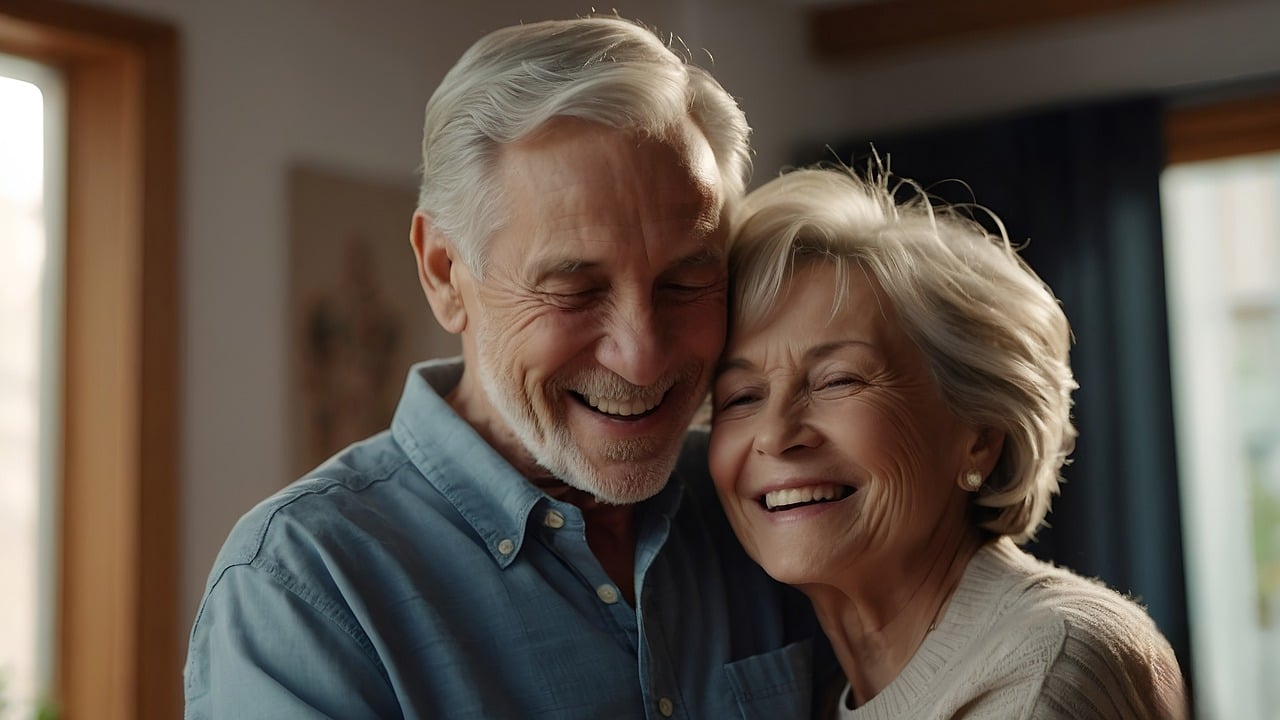 Couple âgé souriant et heureux chez eux.