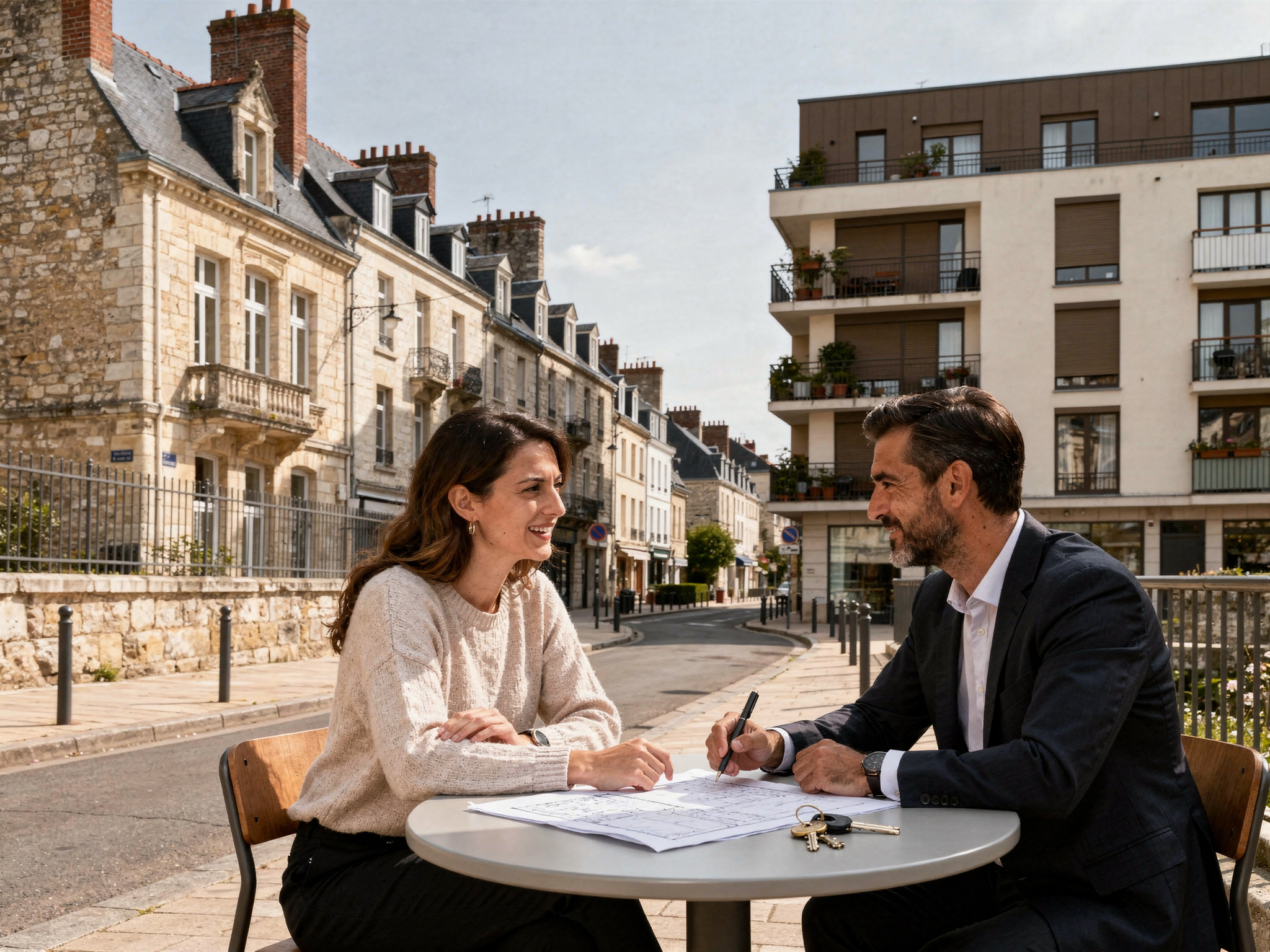 Deux personnes discutent autour d'une table extérieure.