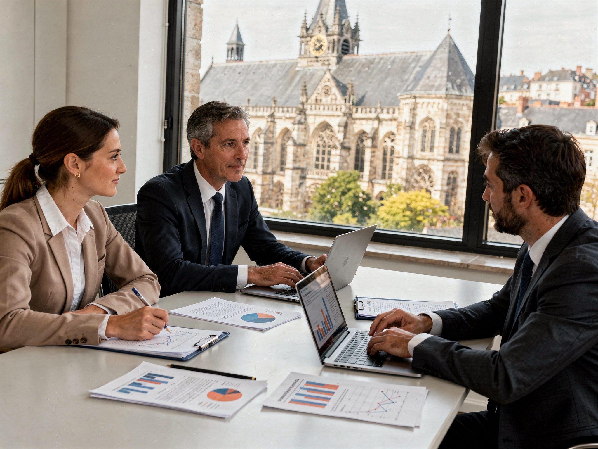 Réunion d'affaires avec trois personnes et graphiques.