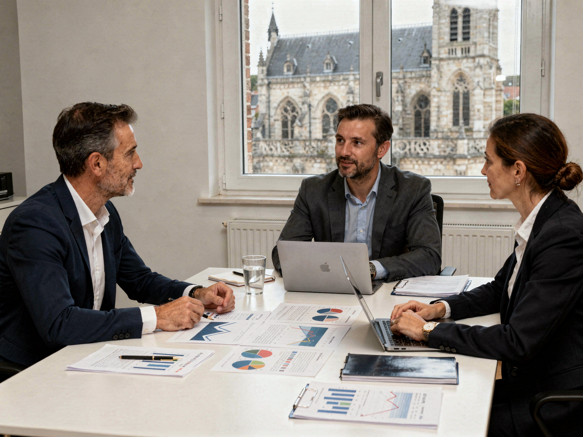 Réunion d'affaires avec graphiques et ordinateurs portables.