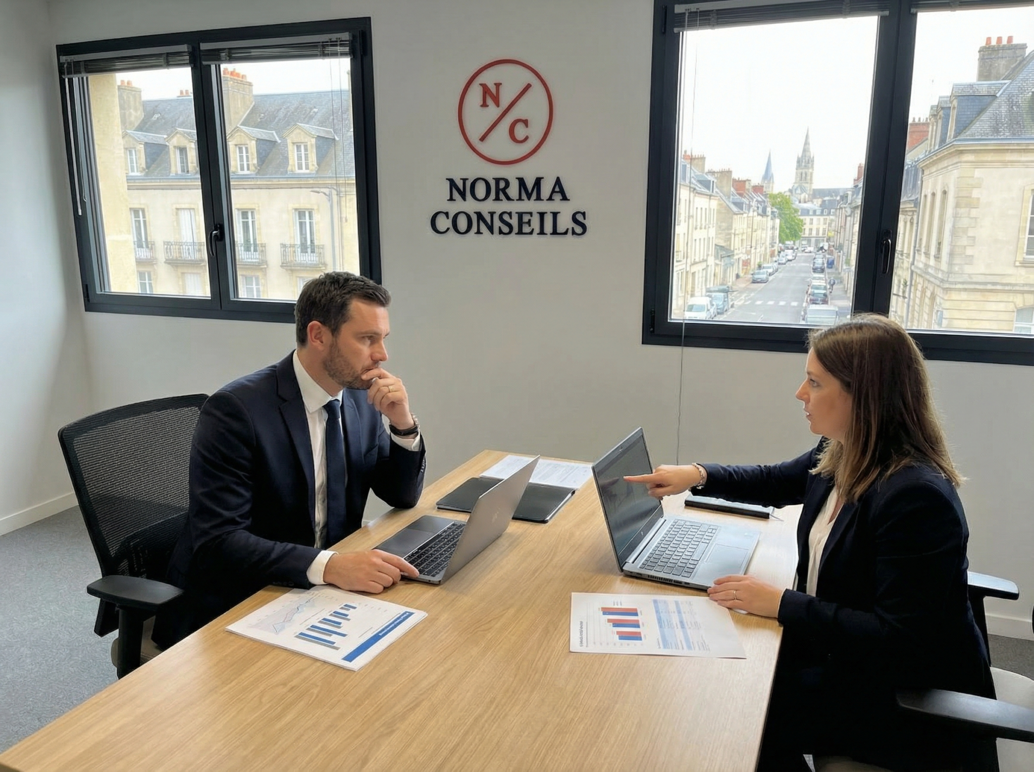 Réunion professionnelle avec deux personnes et ordinateurs.