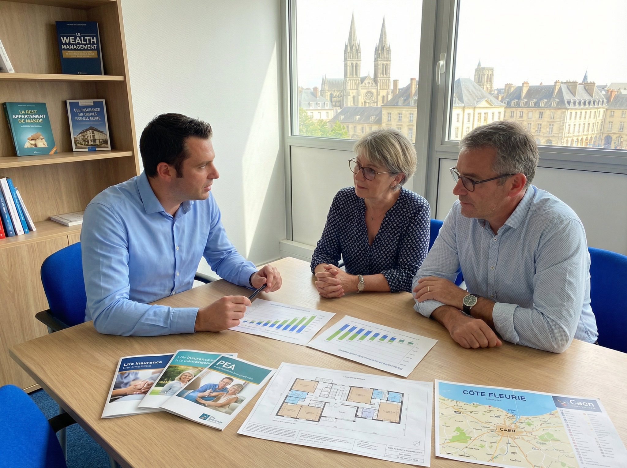 Réunion entre trois personnes dans un bureau lumineux.