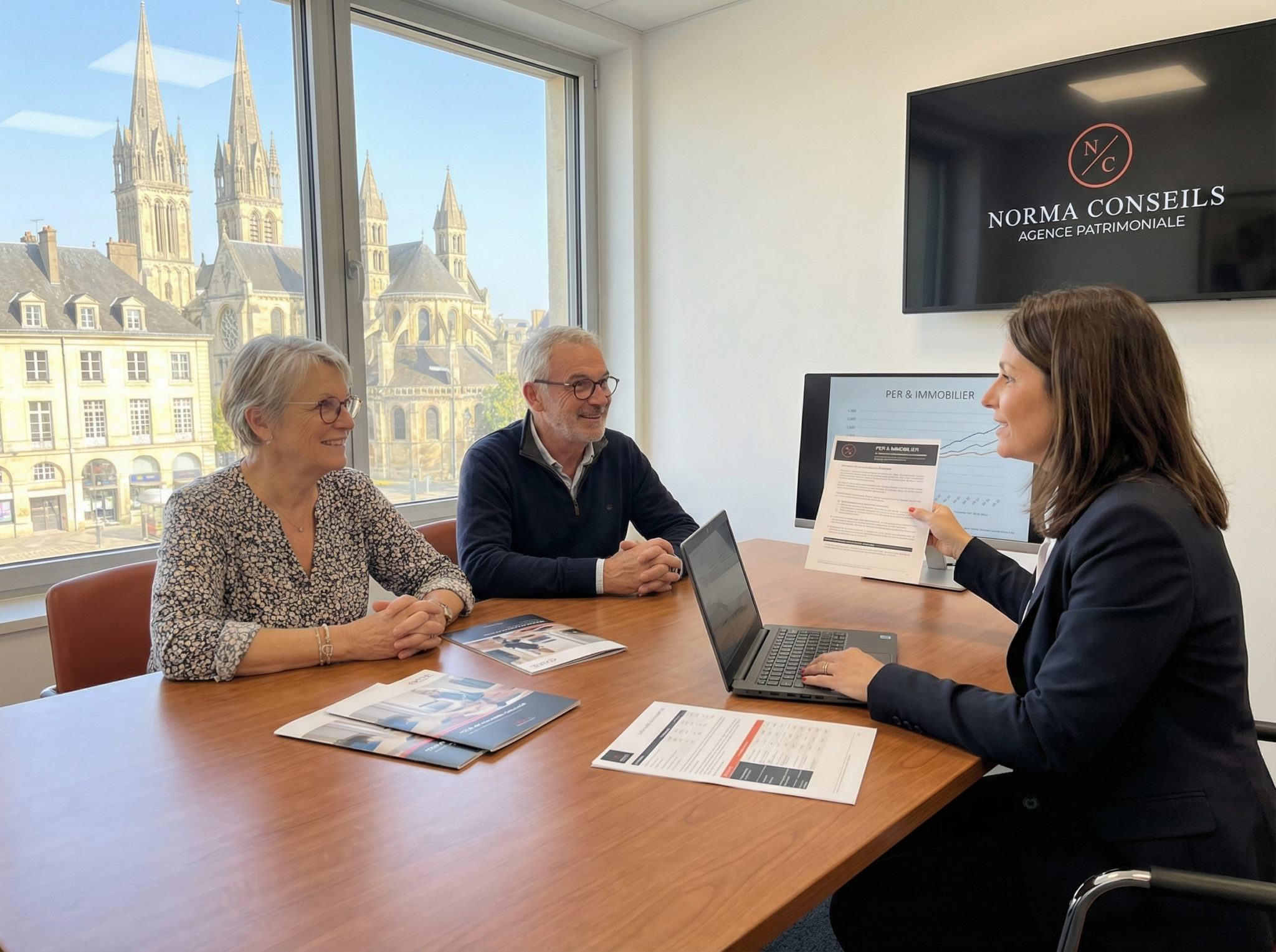 Réunion professionnelle dans un bureau lumineux, trois personnes discutent.