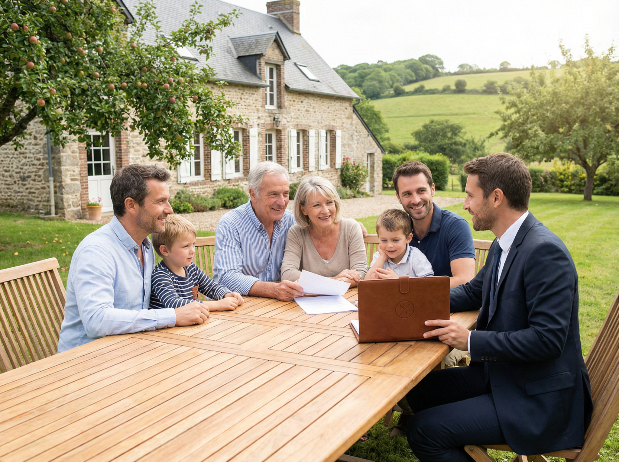 Réunion familiale en plein air devant une maison.