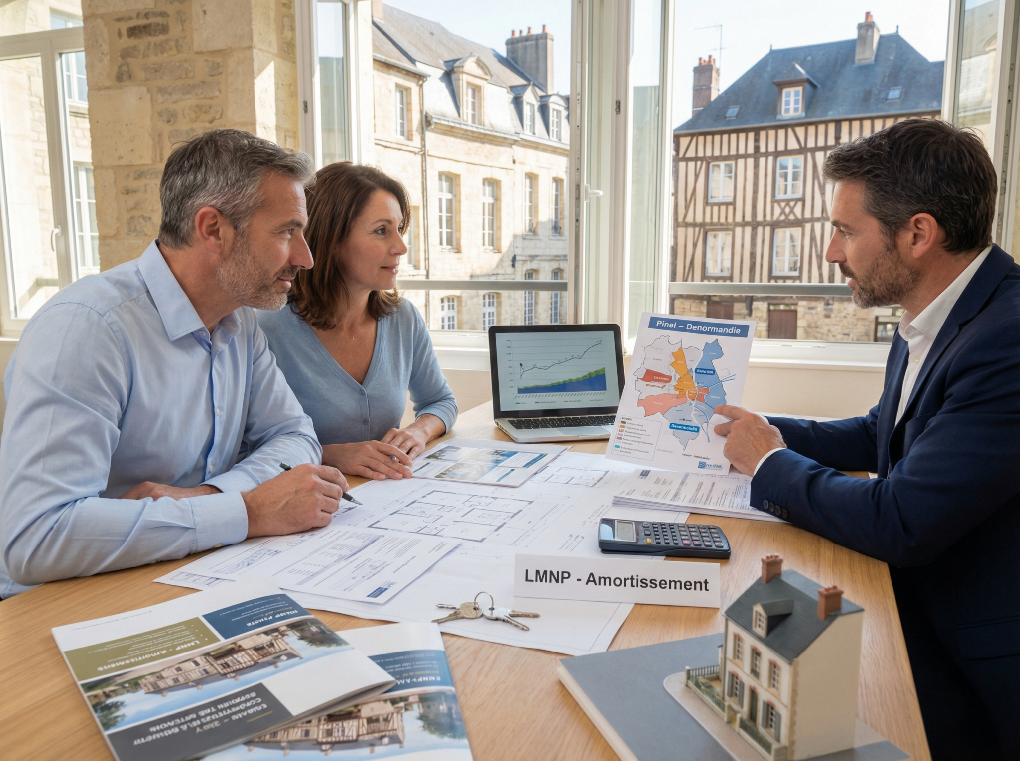 Réunion immobilière avec analyse graphique et plan.